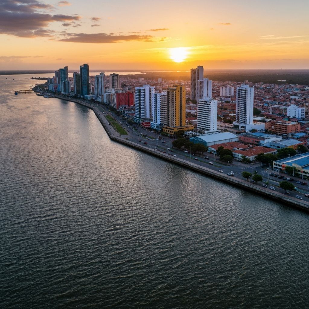 Vista aérea de Barranquilla al atardecer con el río Magdalena